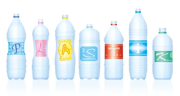 Plastic Bottles Which Make Word Plastik German Labeling Empty Water — Stock Vector