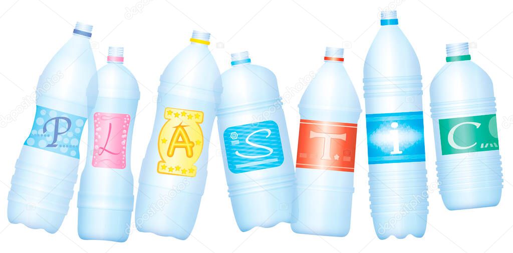 Plastic bottles which make the word PLASTIC. Empty water bottles, symbol for excessive consumption and waste of plastics and for environmental pollution. Isolated on white.