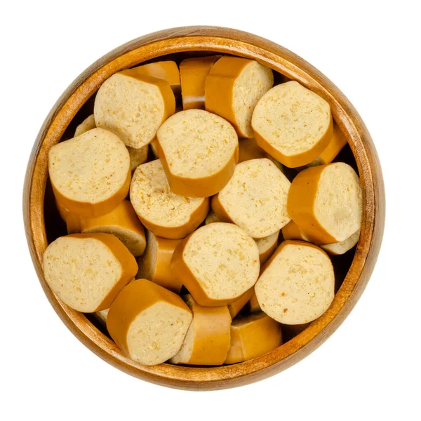Trozos Salchichas Veganas Viena Tazón Madera Embutidos Cocidos Hechos Tofu — Foto de Stock