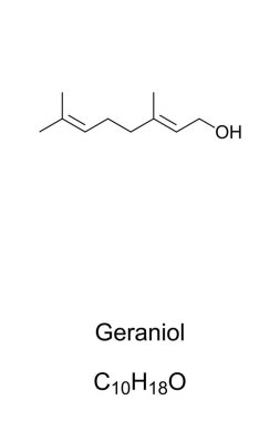 Geraniol, kimyasal yapı. Gül yağı ve sitronella yağının birincil bileşeni. Parfüm ve kozmetik endüstrisinde aroma maddesi olarak yaygın bir katkı maddesi. İskelet formülü. Beyazın yerine illüstrasyon. Vektör.
