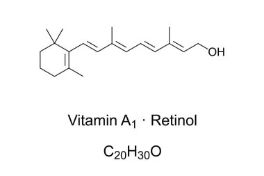 A1 vitamini, ayrıca retinol veya axerophthol, kimyasal yapı. Yiyeceklerde bulundu, A vitamini eksikliğini gidermek için besin takviyesi olarak kullanılıyor. İskelet ve yapısal formül. Beyazın yerine illüstrasyon. Vektör.