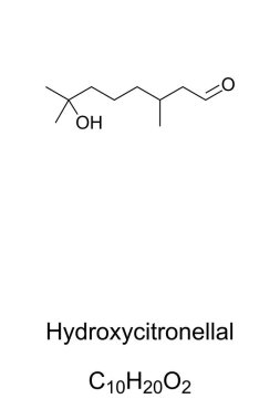 Hidroksisitronellal, kimyasal yapı. Parfümcüde kullanılan bir garnitür. İçinde narenciye ve kavun tonları olan tatlı bir çiçek kokusu var ve alerjik reaksiyonlara neden olabilir. Beyazın yerine illüstrasyon. Vektör.