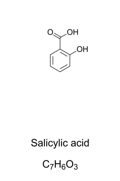 水杨酸化学结构 用于植物激素的有机合成 阿司匹林活性代谢物 局部抗粉刺和护肤产品的关键成分 白色的图解 — 图库矢量图片