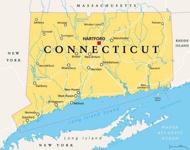 Connecticut, political map with capital Hartford. State of Connecticut, CT, the southernmost state in the New England region of the northeastern United States of America. English. Illustration. Vector clipart