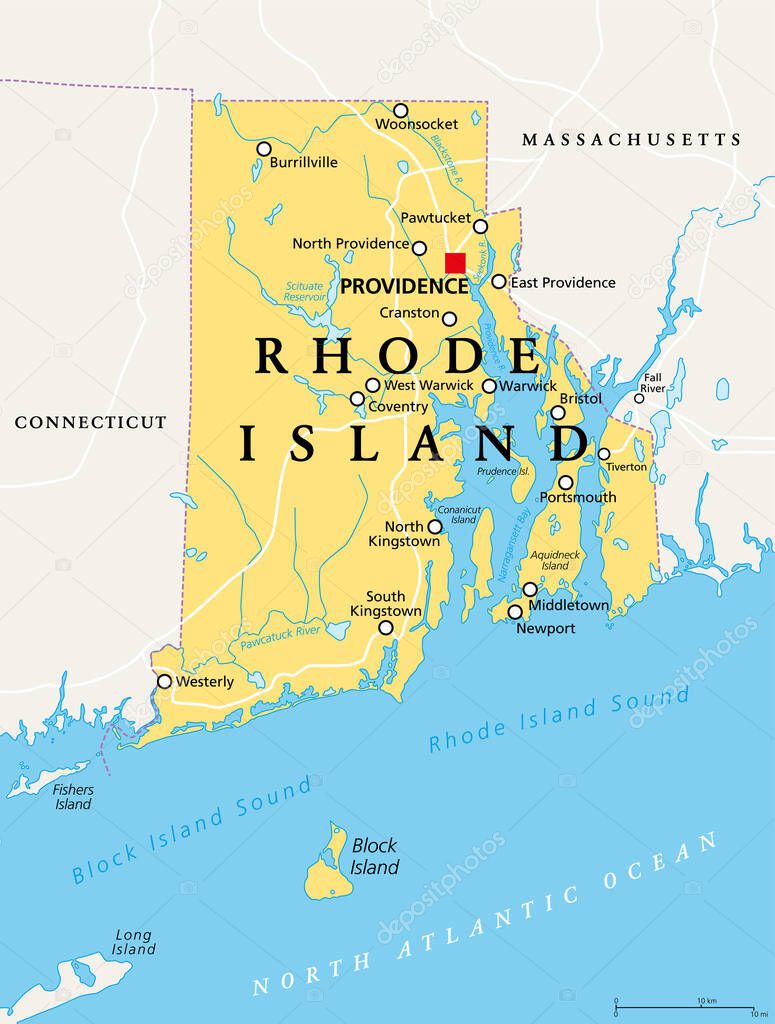 Rhode Island, political map with the capital Providence. State of Rhode Island and Providence Plantations, RI, a state in the New England region of the United States of America. Illustration. Vector.