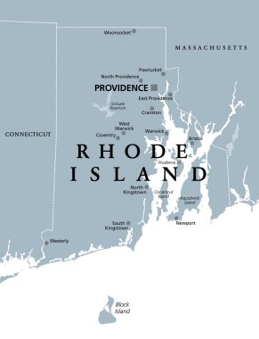 Rhode Island, başkent Providence ile politik harita. Rhode Island Eyaleti ve Providence Çiftlikleri, RI, Amerika Birleşik Devletleri 'nin New England bölgesinde. Beyazın üstünde gri çizim. Vektör.