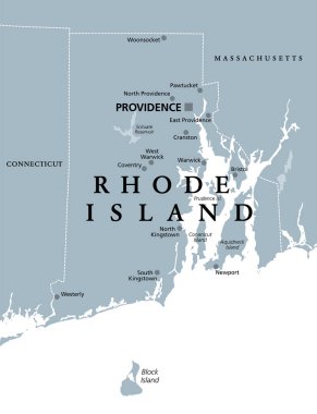 Rhode Island, political map with capital Providence. State of Rhode Island and Providence Plantations, RI, in the New England region of United States of America. Gray illustration, over white. Vector. clipart
