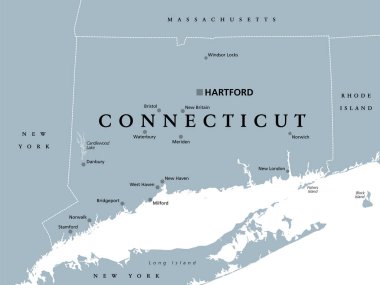 Connecticut, Hartford 'un politik haritası. Connecticut Eyaleti, CT, Amerika Birleşik Devletleri 'nin kuzeydoğusundaki New England bölgesinin en güneyindeki eyalet. Beyazın üstünde gri çizim. Vektör.