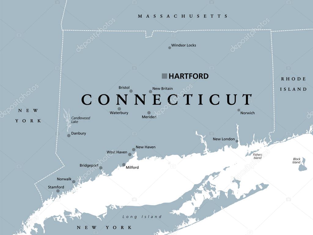 Connecticut, political map with capital Hartford. State of Connecticut, CT, southernmost state in New England region of northeastern United States of America. Gray illustration, over white. Vector.