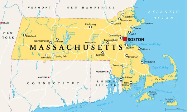 Massachusetts Mapa Político Con Capital Boston Commonwealth Massachusetts Estado Más — Vector de stock