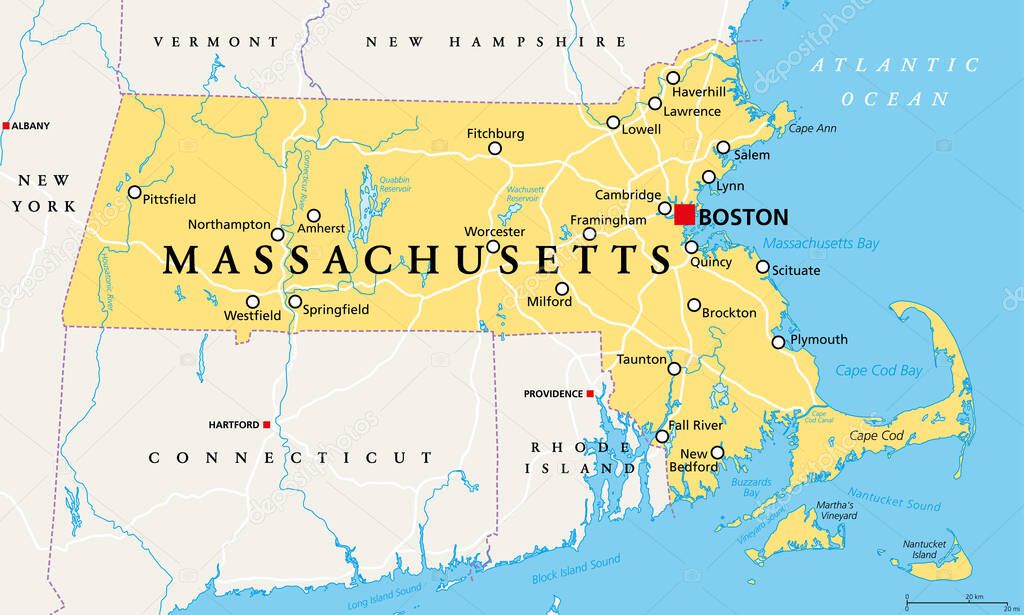 Massachusetts, political map with capital Boston. Commonwealth of Massachusetts, MA. Most populous state in the New England region of the United States. The Bay State. English. Illustration. Vector.