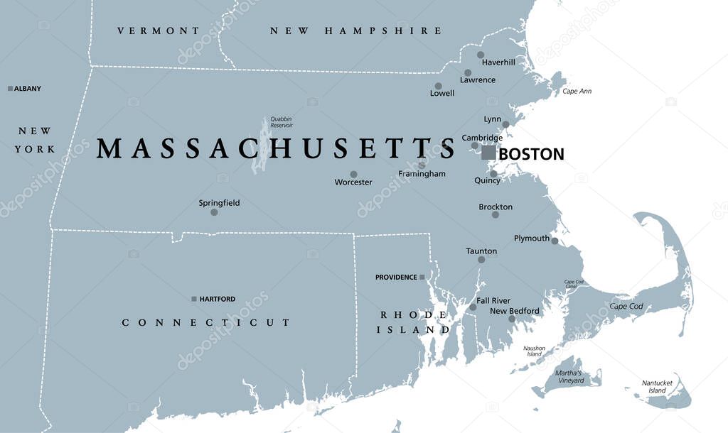 Massachusetts, gray political map, with capital Boston. Commonwealth of Massachusetts, MA. Most populous state in the New England region of United States. The Bay State. English. Illustration. Vector.