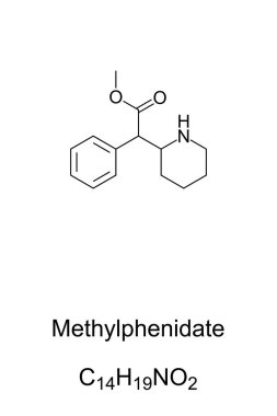 Metilfenidat, MP, kimyasal yapı. Uyarıcı ve ilaç, DEHB ve narkolepsi tedavisinde kullanılır. Amfetaminle birleştirildiğinde daha iyi bir performansa yol açıyor. İllüzyon. Vektör.