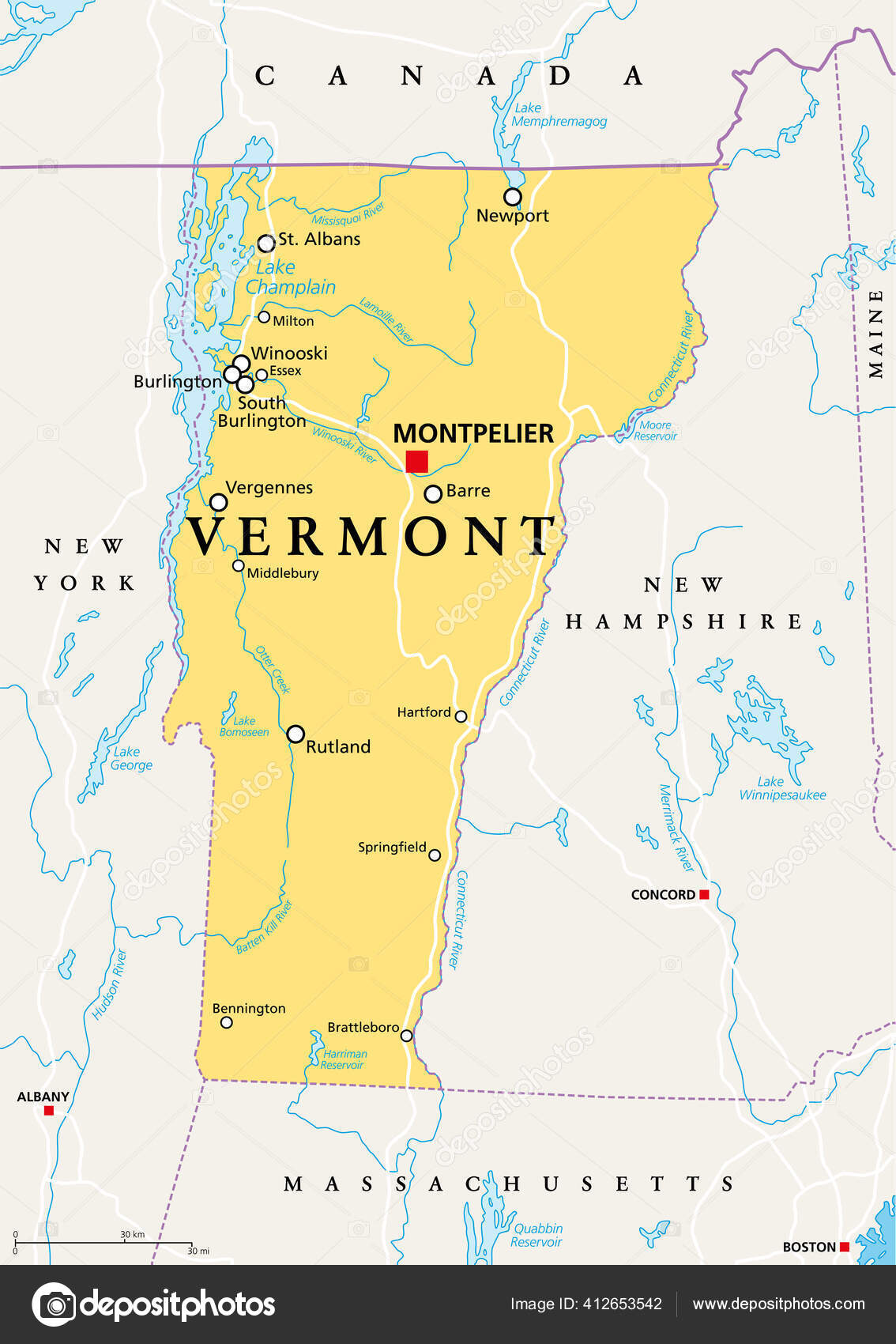 Vermont Political Map Capital Montpelier Borders Cities Rivers Lakes Northeastern Vector Image By C Furian Vector Stock
