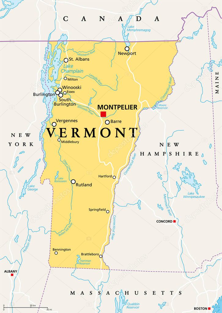 Vermont, VT, political map with capital Montpelier, borders, cities, rivers and lakes. Northeastern state in the New England region of the United States. The Green Mountain State. Illustration. Vector