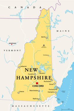 New Hampshire, NH, politik harita, başkent Concord ile. Amerika Birleşik Devletleri 'nin New England bölgesinde. Granit Eyaleti. Beyaz Dağ Eyaleti. Beyazın yerine illüstrasyon. Vektör.