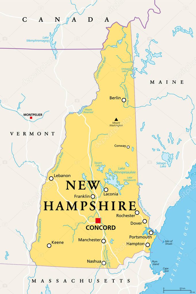 New Hampshire, NH, political map, with capital Concord. State in the New England region of the United States of America. The Granite State. The White Mountain State. Illustration over white. Vector.