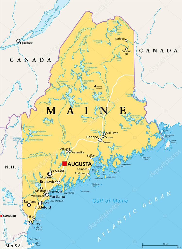 Maine, ME, political map with capital Augusta. Northernmost state in the United States of America, and located in the New England region. The Pine Tree State. Vacationland. Illustration. Vector.