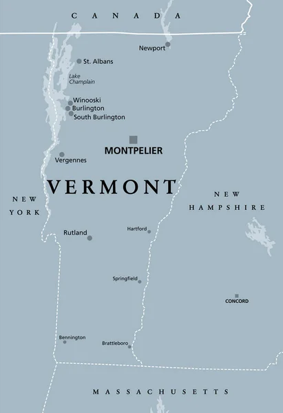 Vermont Szara Mapa Polityczna Stolicą Montpelier Północno Wschodni Stan Rejonie — Wektor stockowy