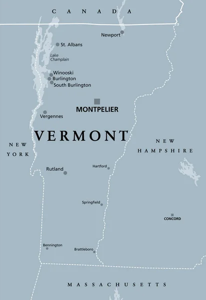 Vermont Carte Politique Grise Avec Capitale Montpellier État Nord Est — Image vectorielle