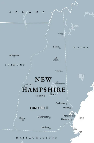 New Hampshire Mapa Político Cinzento Com Capital Concord Estado Região —  Vetores de Stock