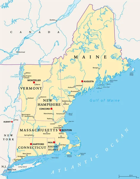 Регион Новой Англии Соединенных Штатов Америки Политическая Карта Мэн Вермонт — стоковый вектор