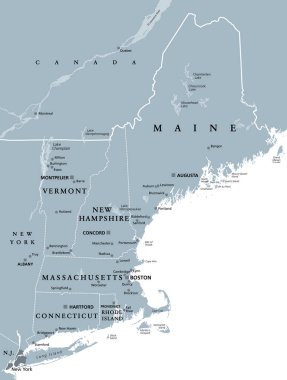 Amerika Birleşik Devletleri 'nin New England bölgesi, gri politik harita. Maine, Vermont, New Hampshire, Massachusetts, Rhode Island ve Connecticut. İllüzyon. Vektör.
