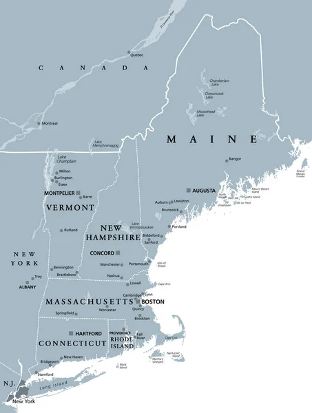 美国新英格兰地区 灰色的政治地图 缅因州 佛蒙特州 新罕布什尔州 马萨诸塞州 罗得岛州和康涅狄格州 首府和边境 — 图库矢量图片