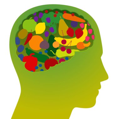 Sağlıklı, besleyici, vitamin zengini, sağlıklı vejetaryenler ve vejetaryenler için bir sembol olarak renkli meyve ve sebzeli beyin. Beyaz arkaplanda vektör illüstrasyonu.