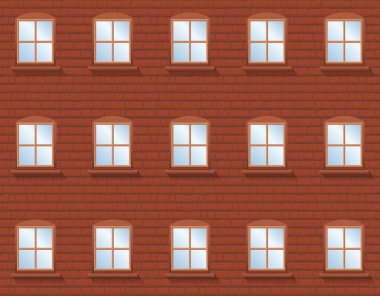 Pencereli tuğla duvar. Kırsal bir apartman. İçinde mavi gökyüzünün yansıtıldığı 24 pencere var. Vektör illüstrasyonu.