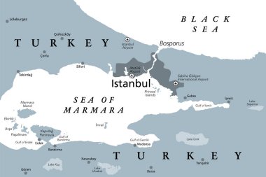 Boğaz ya da Boğaz, siyasi harita. İstanbul Boğazı, Türkiye 'nin dar, doğal ve uluslararası bir su yolu. Karadeniz 'i Marmara Denizi' ne bağlar. İllüzyon. Vektör