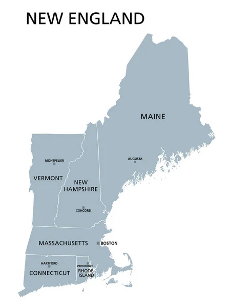 美国新英格兰地区 灰色的政治地图 缅因州 佛蒙特州 新罕布什尔州 麻萨诸塞州 罗得岛州和康涅狄格州六州 — 图库矢量图片