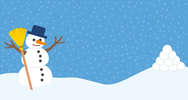 Snowman and pile of snowballs for snowball fight and winter fun. Comic vector illustration on snowflakes background. — Stock Illustration Snowman Pile Snowballs Snowball Fight Winter Fun Comic Vector Illustration Royalty Free Stock Vectors