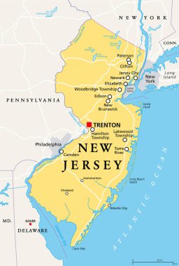 New Jersey, NJ, başkent Trenton 'un politik haritası. Amerika Birleşik Devletleri 'nin kuzeydoğusundaki Orta Atlantik bölgesinde. Bahçe Eyaleti. Amerika 'nın en yoğun nüfusu. İllüzyon. Vektör.