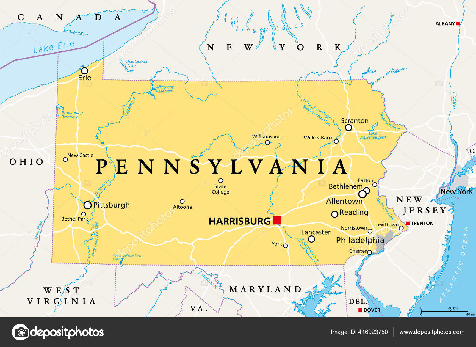 Pennsylvania Political Map Officially Commonwealth Pennsylvania State  Northeastern United States Stock Vector by ©Furian 416923750, image size:1600x1167