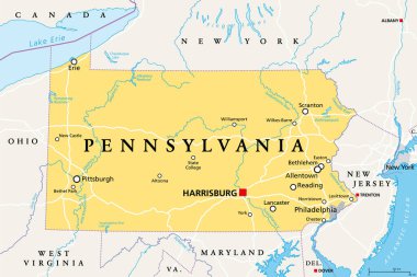 Pennsylvania, PA, politik harita. Resmi olarak Pennsylvania Eyaleti. Amerika Birleşik Devletleri 'nin kuzeydoğusunda. Başkent Harrisburg. Keystone Eyaleti. Quaker Eyaleti. İllüzyon. Vektör