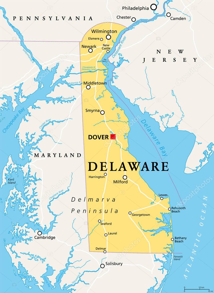 Delaware, DE, political map. State in the Mid-Atlantic region of the United States of America. Capital Dover. The First State, The Small Wonder, Blue Hen State, The Diamond State. Illustration. Vector.
