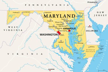Maryland, MD, politik harita. Amerika Birleşik Devletleri 'nin Orta Atlantik bölgesinde. Başkent Annapolis. Old Line State 'de. Özgür Devlet. Küçük Amerika. Minyatür Amerika. İllüzyon. Vektör