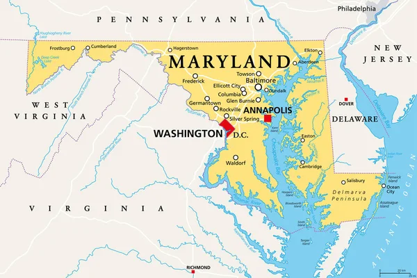 Меріленд Політична Карта Штат Середньоатлантичному Регіоні Сполучених Штатів Америки Столиця — стоковий вектор