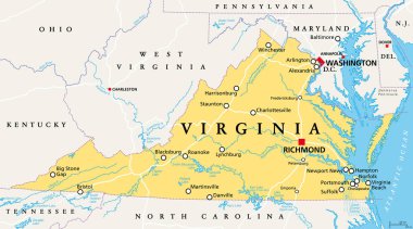 Virginia, VA, politik harita. Virginia Eyaleti. Amerika Birleşik Devletleri 'nin Güneydoğu ve Orta Atlantik bölgesinde. Başkent Richmond. Yaşlı Dominion. Başkanın annesi. İllüzyon. Vektör.