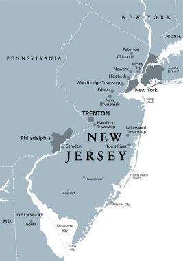 New Jersey, NJ, gri politik harita ve başkent Trenton. Amerika Birleşik Devletleri 'nin kuzeydoğusundaki Orta Atlantik bölgesinde. Bahçe Eyaleti. Beyaz arka planda resim. Vektör.