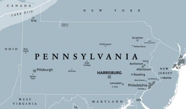 Pennsylvania, PA, gri politik harita. Pensilvanya Eyaleti, Amerika Birleşik Devletleri 'nin kuzeydoğusunda, başkenti Harrisburg olan bir eyalet. Keystone Eyaleti. Quaker Eyaleti. İllüzyon. Vektör