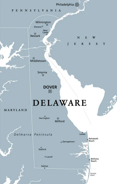 Delaware Szara Mapa Polityczna Stan Środkowoatlantyckim Regionie Stanów Zjednoczonych Ameryki — Wektor stockowy