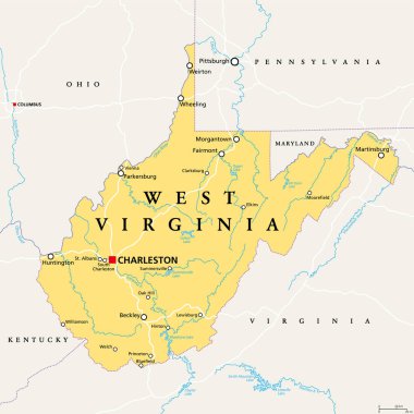 Batı Virginia, WV, politik harita. Güney Amerika Birleşik Devletleri 'nin Appalachian bölgesinde. Orta Atlantik Güneydoğu Bölgesi 'nin bir parçası. Başkent Charleston. Dağ Eyaleti İllüzyon. Vektör.