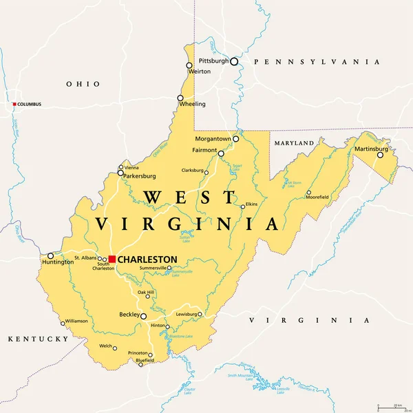 West Virginia Politieke Kaart Staat Appalachische Regio Van Zuid Amerika — Stockvector