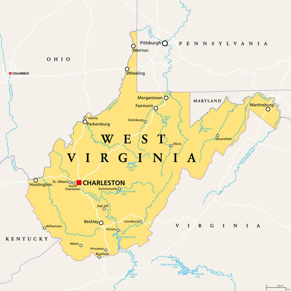 West Virginia, WV, political map. State in the Appalachian region of Southern United States of America. Part of Mid-Atlantic Southeast Region. Capital Charleston. Mountain State. Illustration. Vector.