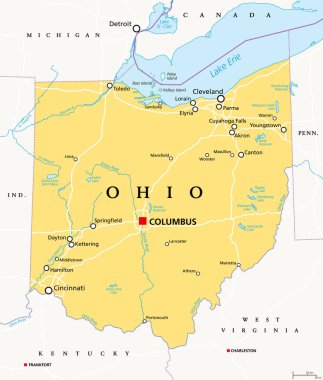 Ohio, oh, politik harita. Orta Batı Amerika Birleşik Devletleri 'nin Doğu Kuzey Orta Bölgesi' nde eyalet. Başkent Kolomb. Buckeye Eyaleti. Havacılık 'ın doğduğu yer. Her şeyin kalbi. İllüzyon. Vektör.