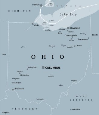 Ohio, oh, gri politik harita. Amerika Birleşik Devletleri 'nin orta batısındaki Doğu Kuzey Orta Bölgesi' nde. Başkent Kolomb. Buckeye Eyaleti. Havacılık 'ın doğduğu yer. Her şeyin kalbi. İllüzyon. Vektör