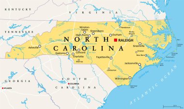 North Carolina, NC, political map. With the capital Raleigh and largest cities. State in the southeastern region of the United States of America. Old North State. Tar Heel State. Illustration. Vector. clipart