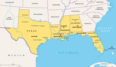 Körfez Eyaletleri, aynı zamanda Körfez Güney veya Güney Kıyısı olarak da bilinir, politik harita. Güney Amerika Birleşik Devletleri boyunca Meksika Körfezi 'nde kıyı şeridi. Teksas, Louisiana, Mississippi, Alabama ve Florida.